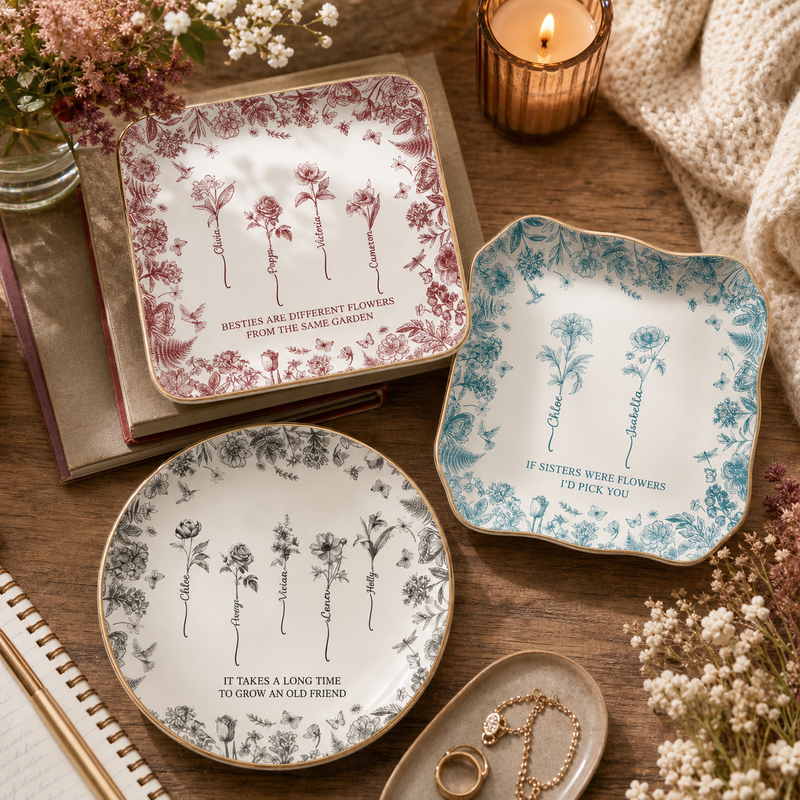 Friendship in Bloom Toile Jewelry Dish with Birth Flowers & Names - lifestyle photo