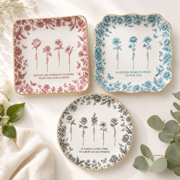 Friendship in Bloom Toile Jewelry Dish with Birth Flowers & Names