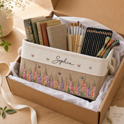 Birth Flower Meadow Storage Basket with Embroidered-Style Name