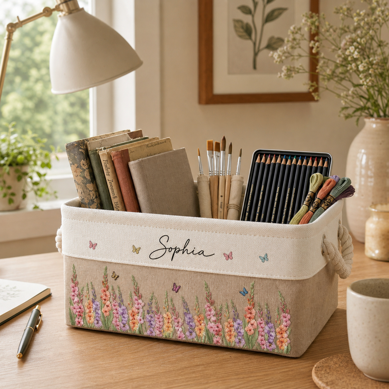 Birth Flower Meadow Storage Basket with Embroidered-Style Name - lifestyle photo