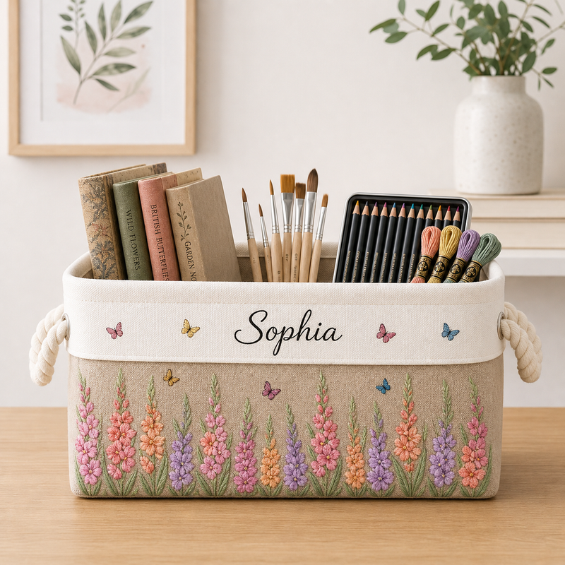 Birth Flower Meadow Storage Basket with Embroidered-Style Name