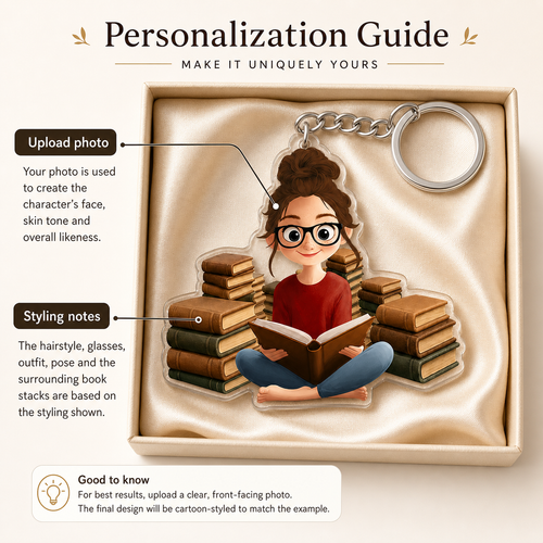 Book Lover Reading Nook Keychain Drawn from Your Photo - personalization guide