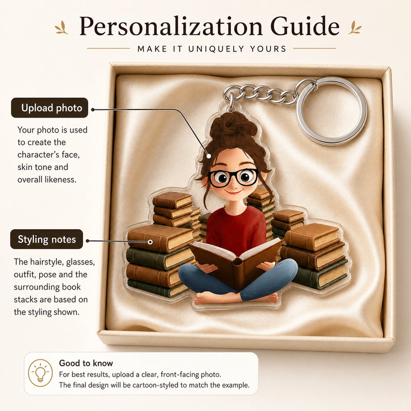 Book Lover Reading Nook Keychain Drawn from Your Photo - personalization guide