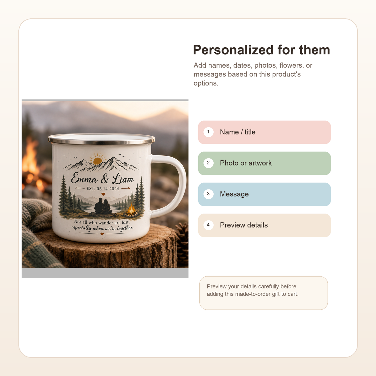 Personalized Couple Adventure Enamel Mug - Show personalization result