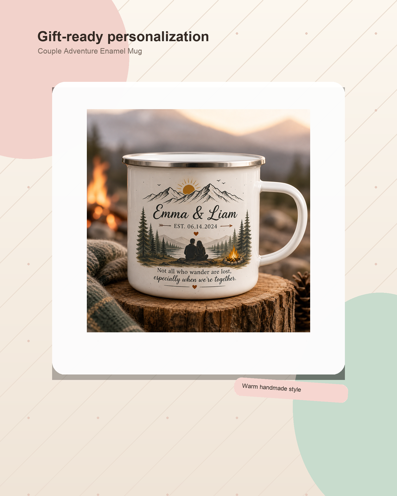 Personalized Couple Adventure Enamel Mug - Gallery and ad lifestyle