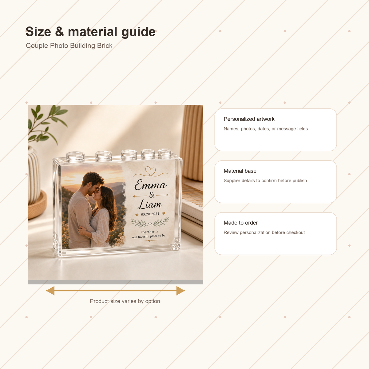 Custom Couple Photo Building Brick - Size/material guide base image