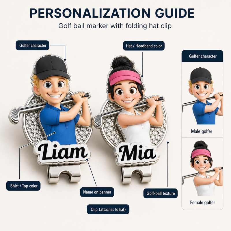 Custom Cartoon Golfer Ball Marker with Hat Clip & Name - personalization guide