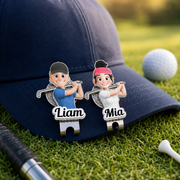 Custom Cartoon Golfer Ball Marker with Hat Clip & Name