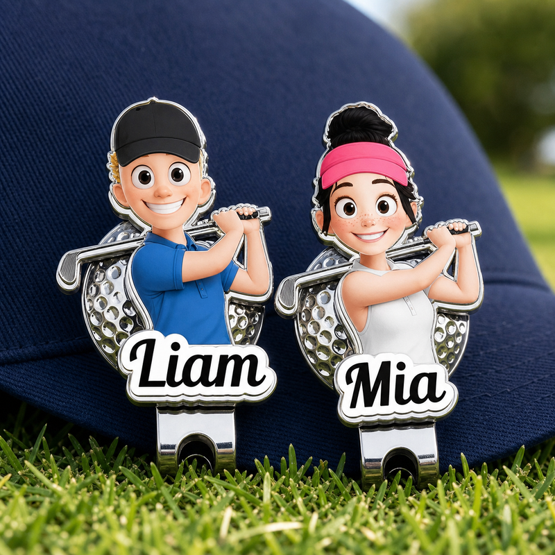 Custom Cartoon Golfer Ball Marker with Hat Clip & Name