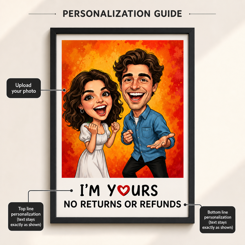 I'm Yours No Returns Custom Couple Caricature Poster from Photo - personalization guide