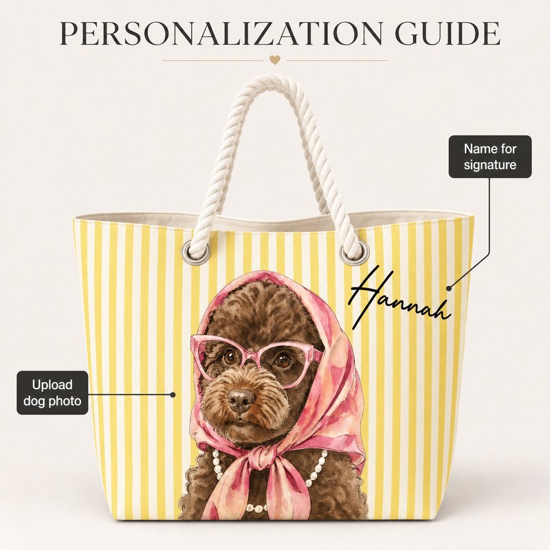 Glam Pup Beach Tote – Custom Dog Portrait & Name Rope-Handle Bag - personalization guide
