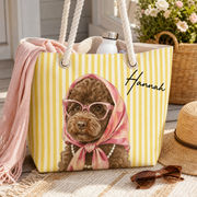 Glam Pup Beach Tote – Custom Dog Portrait & Name Rope-Handle Bag