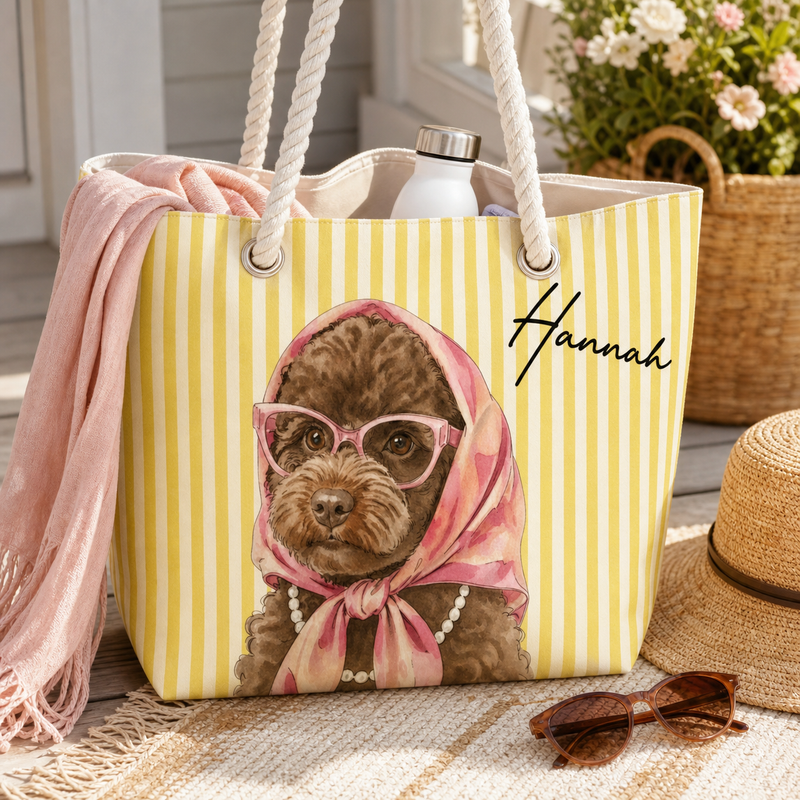 Glam Pup Beach Tote – Custom Dog Portrait & Name Rope-Handle Bag - lifestyle photo