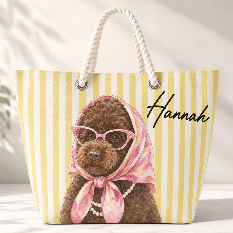 Glam Pup Beach Tote – Custom Dog Portrait & Name Rope-Handle Bag