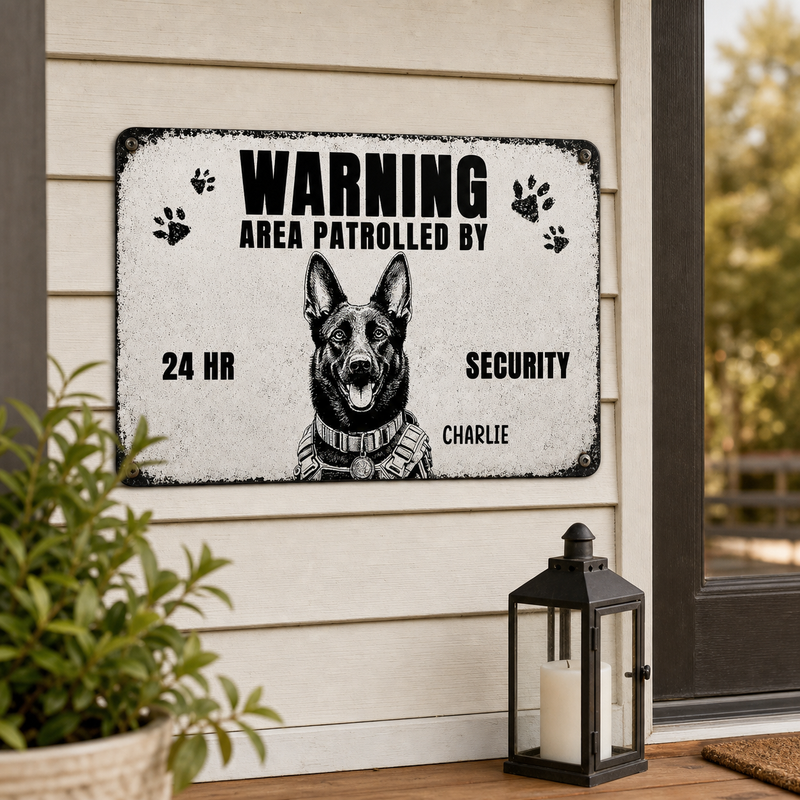 Area Patrolled By Custom Dog Sketch Metal Warning Sign - lifestyle photo