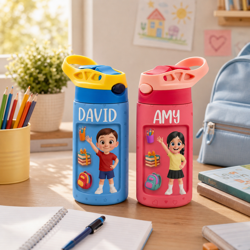 Custom Name Kids Insulated Bottle with 3D School Icons in 8 Colors - lifestyle photo