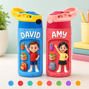 Custom Name Kids Insulated Bottle with 3D School Icons in 8 Colors