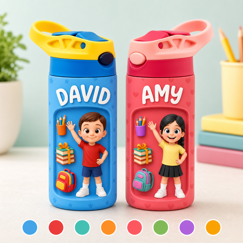 Custom Name Kids Insulated Bottle with 3D School Icons in 8 Colors