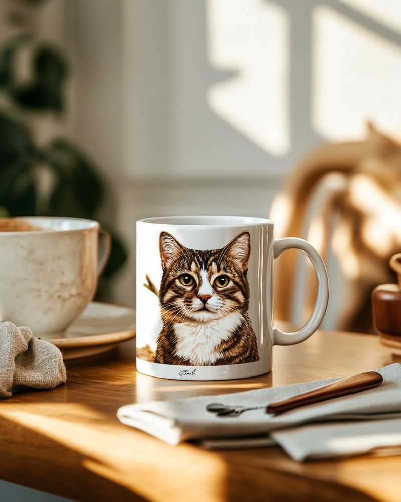 Personalized pet portrait mug on a warm kitchen table