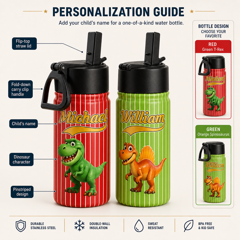 Roaring Dinosaur Kids Water Bottle with Baseball-Script Name - personalization guide