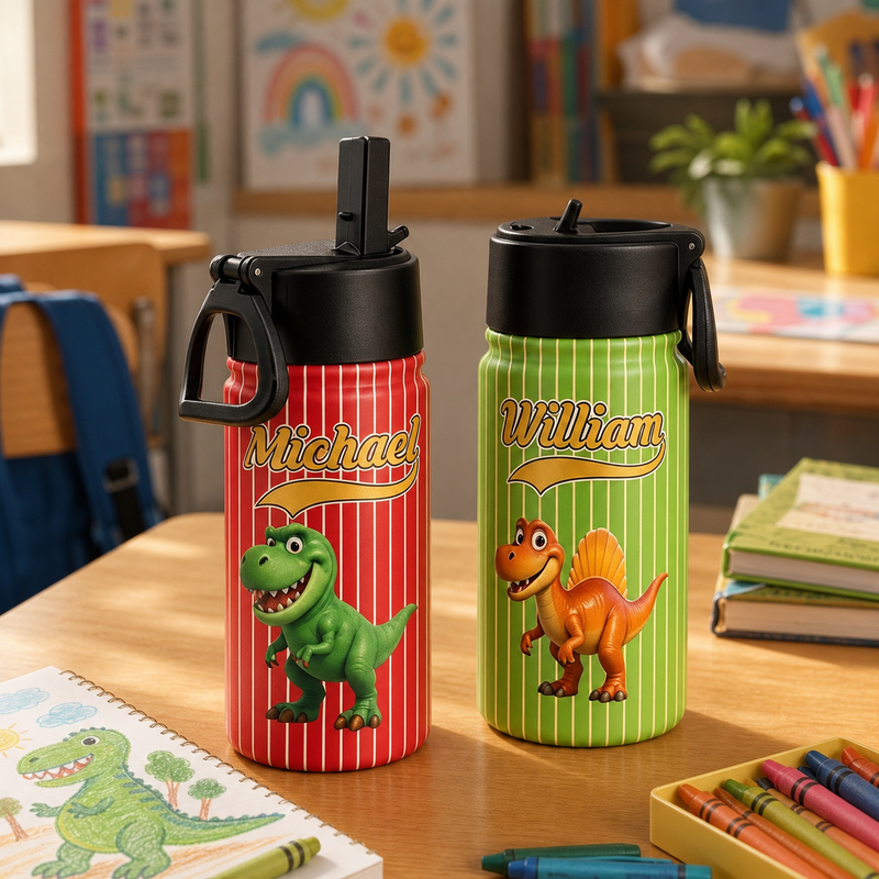 Roaring Dinosaur Kids Water Bottle with Baseball-Script Name - lifestyle photo
