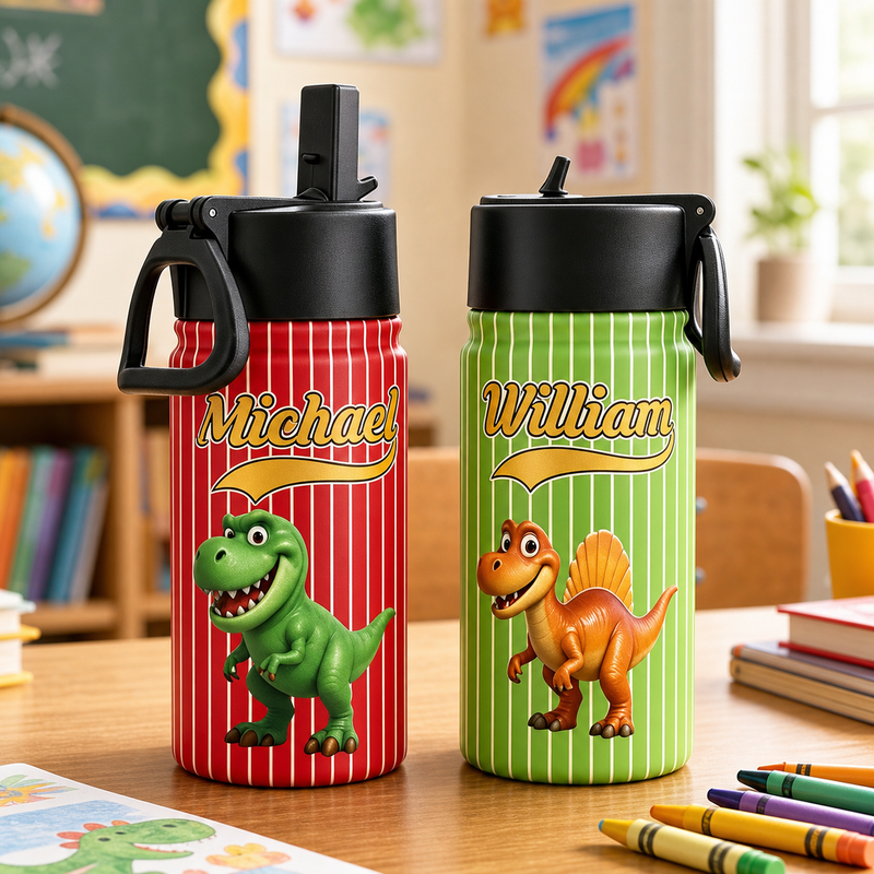 Roaring Dinosaur Kids Water Bottle with Baseball-Script Name