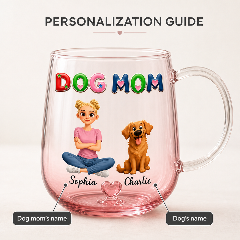 Dog Mom and Pup Personalized Pink Glass Mug with 3D Heart - personalization guide