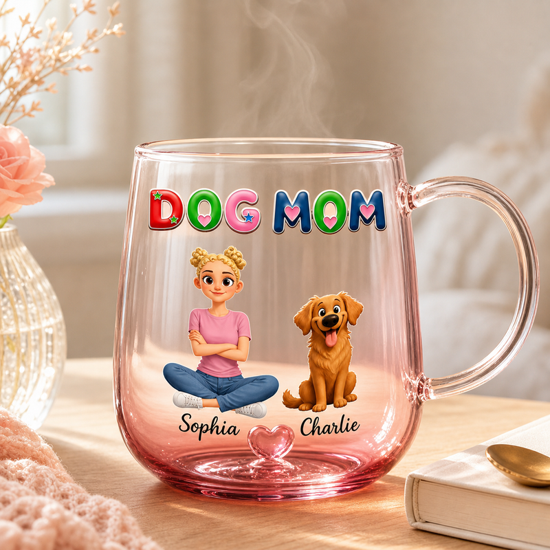 Dog Mom and Pup Personalized Pink Glass Mug with 3D Heart - lifestyle photo