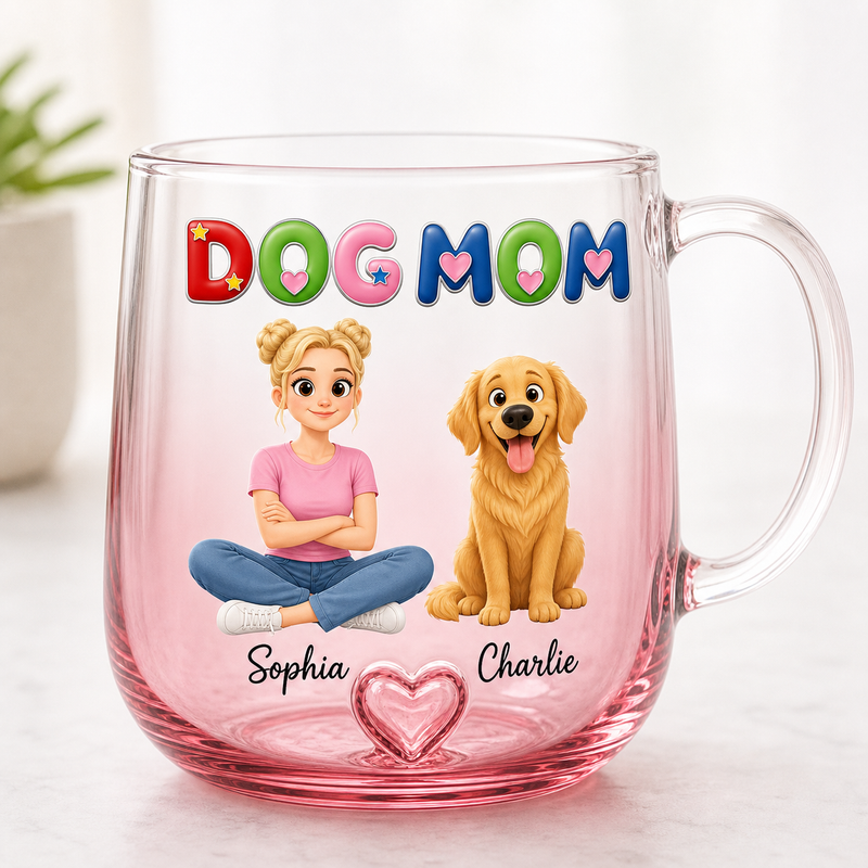 Dog Mom and Pup Personalized Pink Glass Mug with 3D Heart