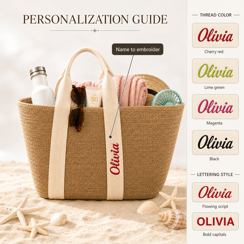 Sun-Ready Woven Straw Tote with Colorful Embroidered Name - personalization guide