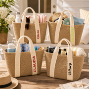 Sun-Ready Woven Straw Tote with Colorful Embroidered Name