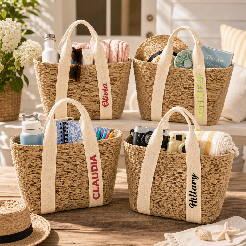 Sun-Ready Woven Straw Tote with Colorful Embroidered Name - lifestyle photo