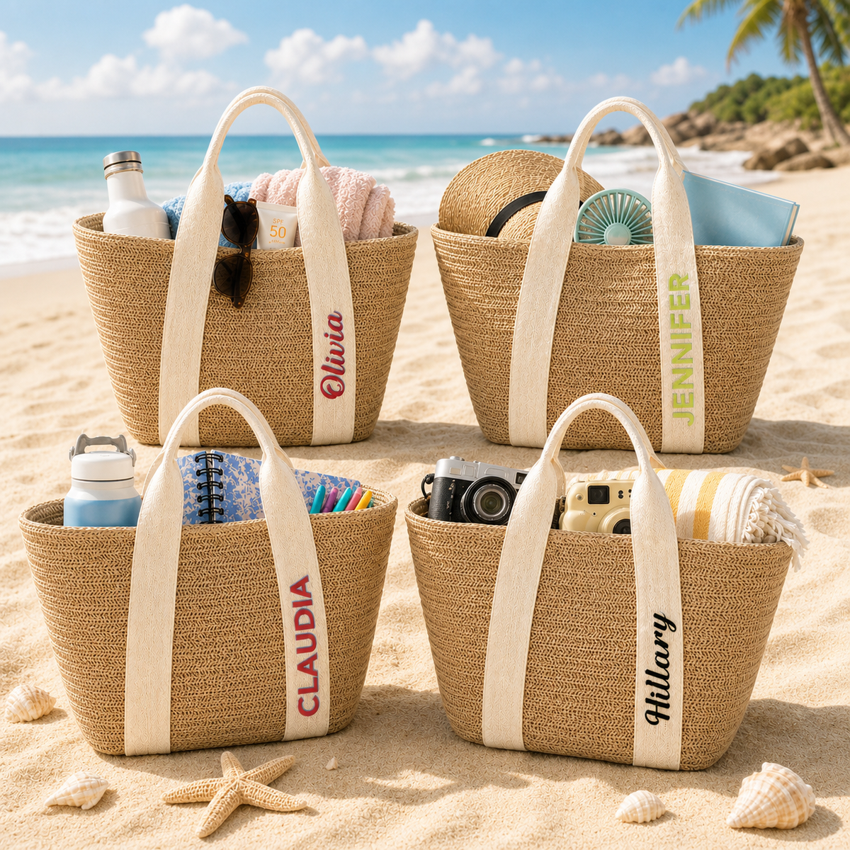 Sun-Ready Woven Straw Tote with Colorful Embroidered Name