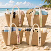 Sun-Ready Woven Straw Tote with Colorful Embroidered Name