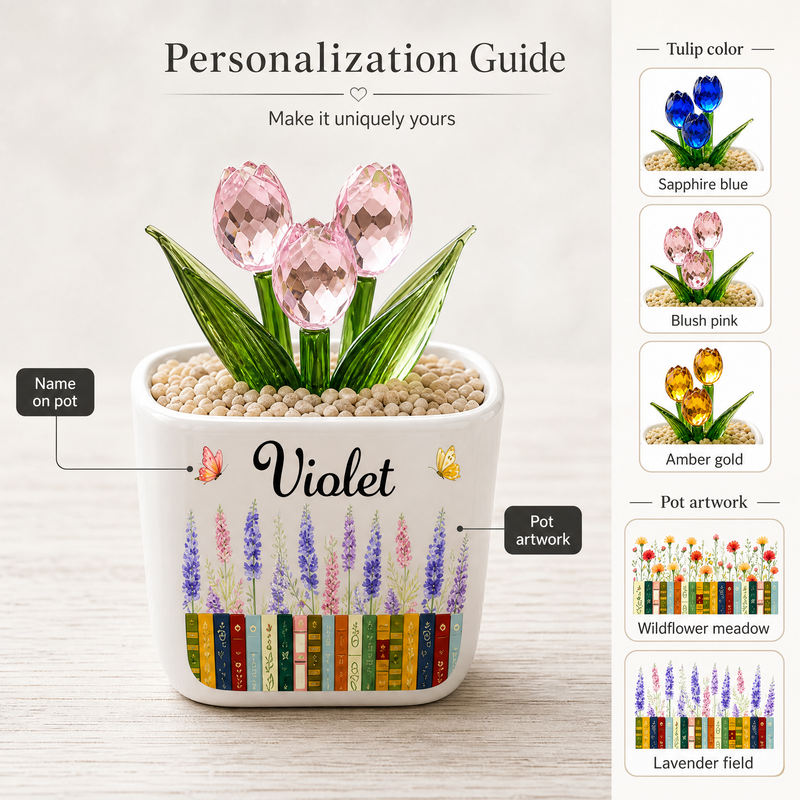 Everlasting Glass Tulips in a Personalized Book Lover Pot - personalization guide