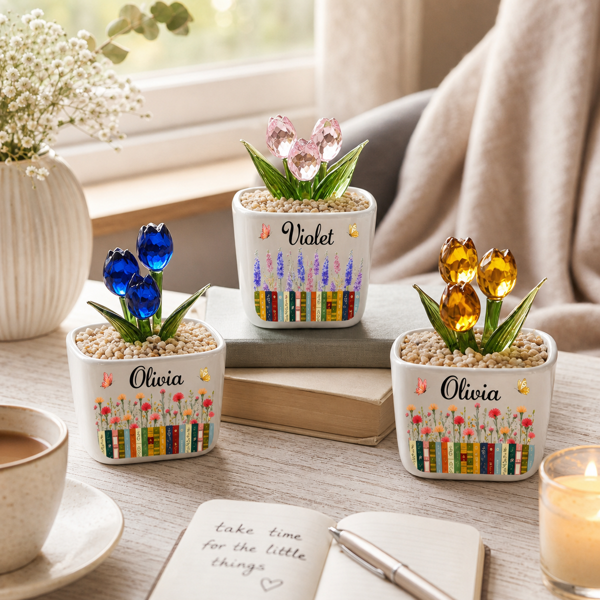 Everlasting Glass Tulips in a Personalized Book Lover Pot - lifestyle photo