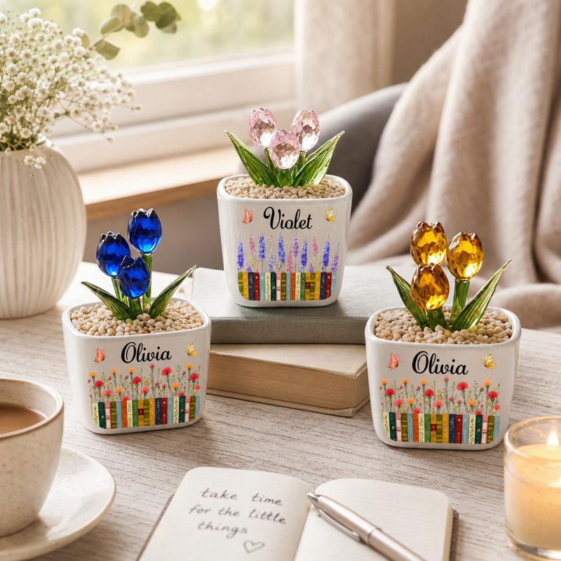 Everlasting Glass Tulips in a Personalized Book Lover Pot - lifestyle photo
