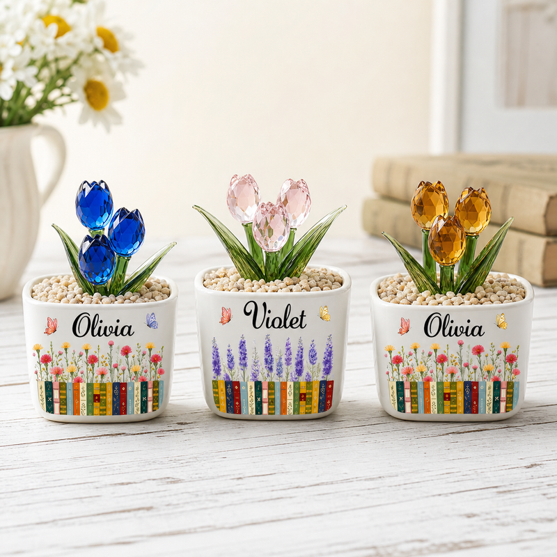 Everlasting Glass Tulips in a Personalized Book Lover Pot