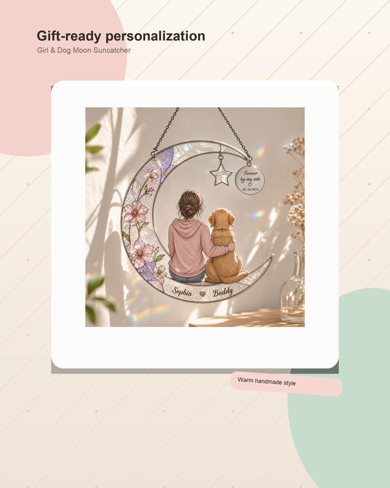 Personalized Girl & Dog Moon Suncatcher - Gallery and ad lifestyle