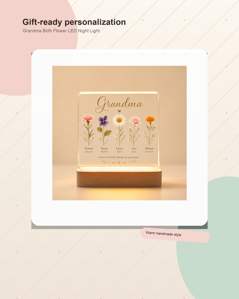 Personalized Grandma Birth Flower LED Night Light - Gallery and ad lifestyle