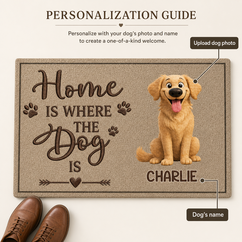 Home Is Where the Dog Is Personalized 3D-Effect Doormat with Name - personalization guide