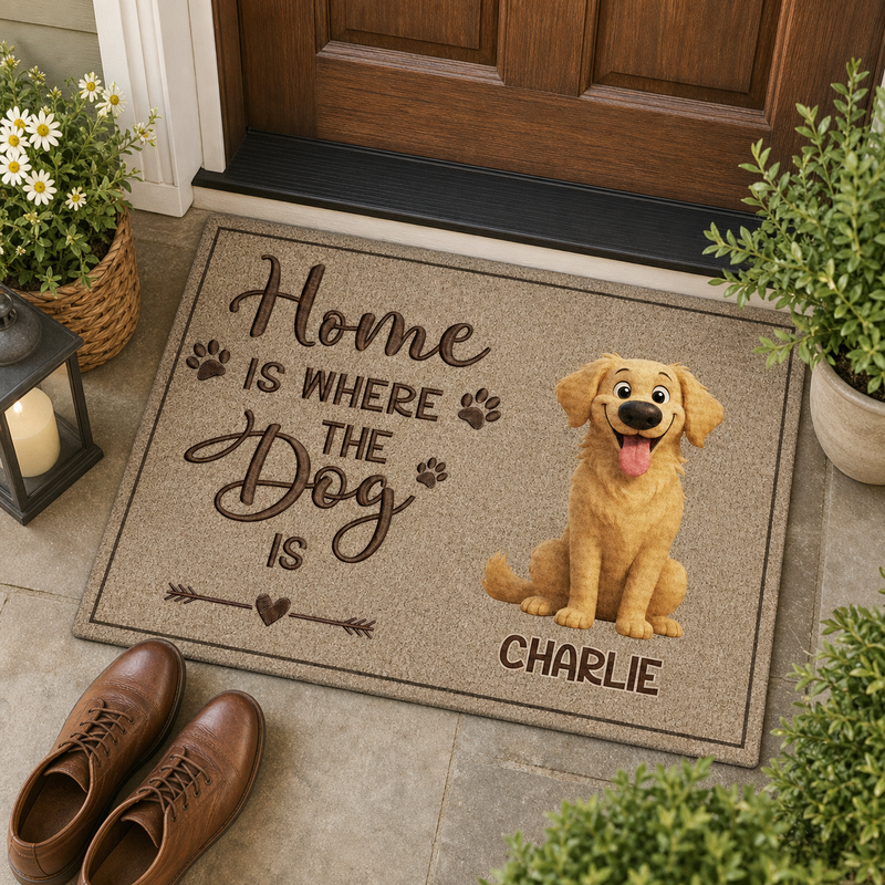 Home Is Where the Dog Is Personalized 3D-Effect Doormat with Name - lifestyle photo