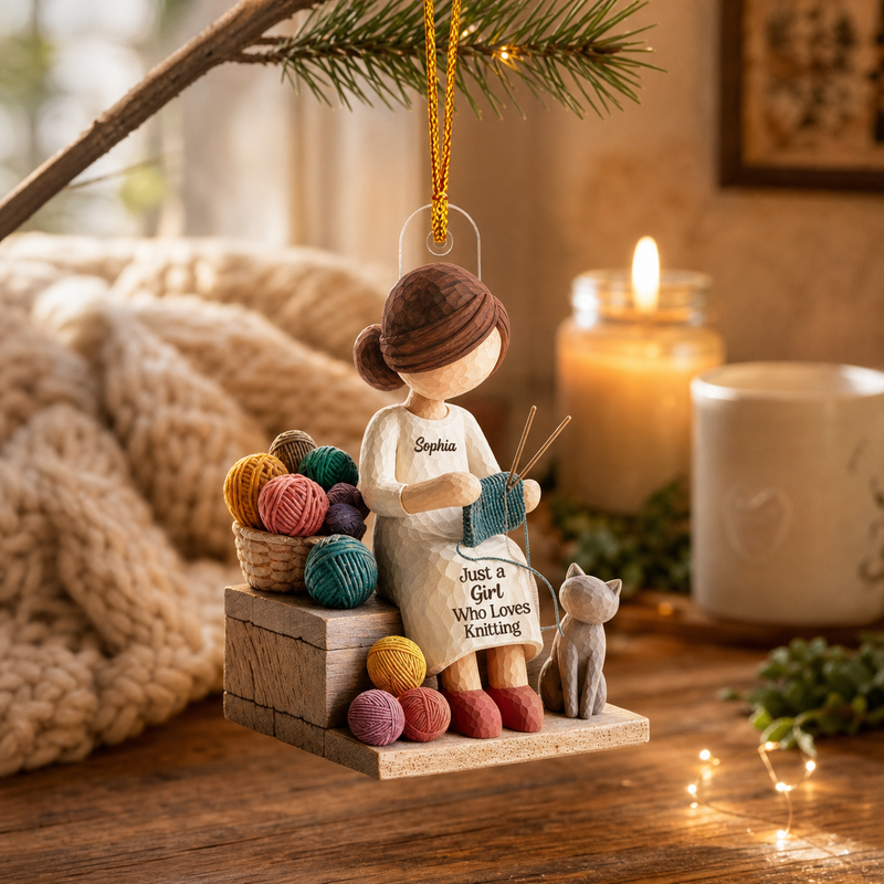 Just a Girl Who Loves Knitting Personalized Acrylic Ornament - lifestyle photo