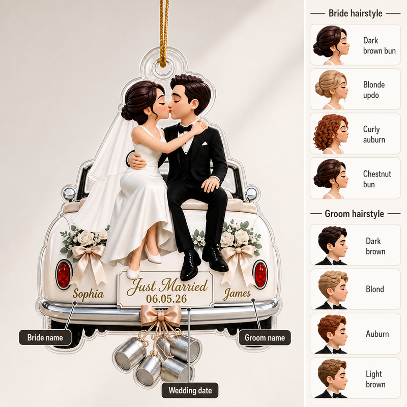 Just Married Couple on Vintage Car Personalized Acrylic Car Ornament - personalization guide