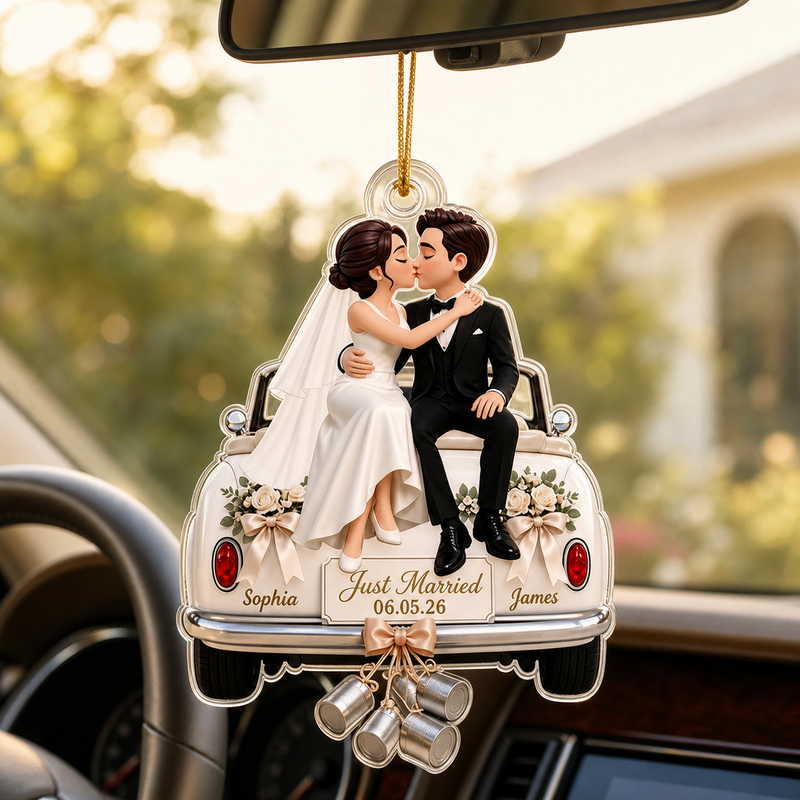 Just Married Couple on Vintage Car Personalized Acrylic Car Ornament - lifestyle photo
