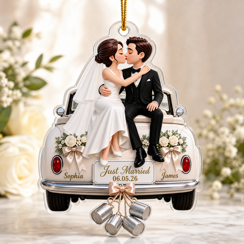 Just Married Couple on Vintage Car Personalized Acrylic Car Ornament
