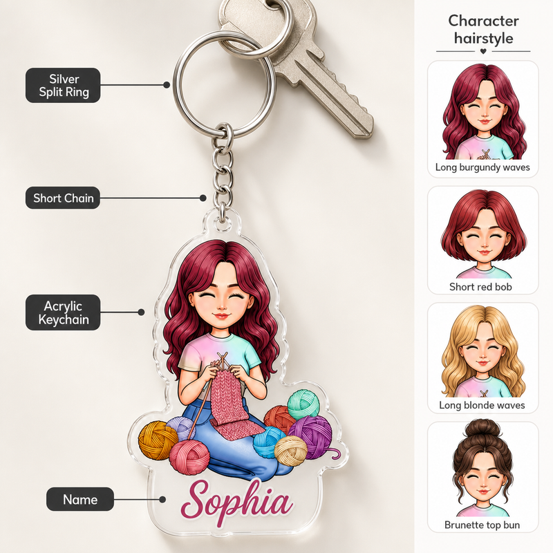 Cozy Knitting Girl Acrylic Keychain with Custom Name - personalization guide