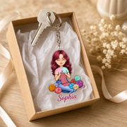Cozy Knitting Girl Acrylic Keychain with Custom Name