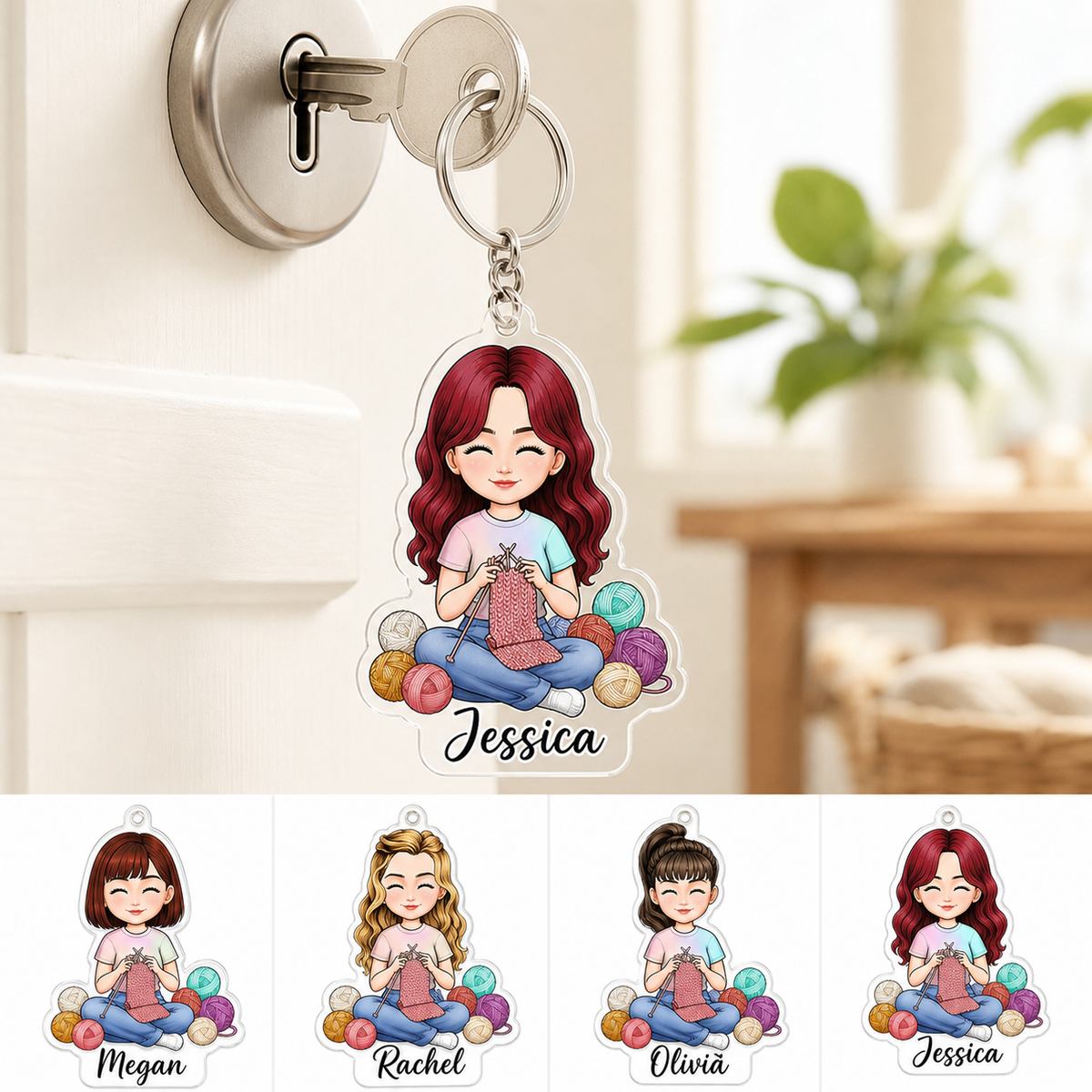 Cozy Knitting Girl Acrylic Keychain with Custom Name