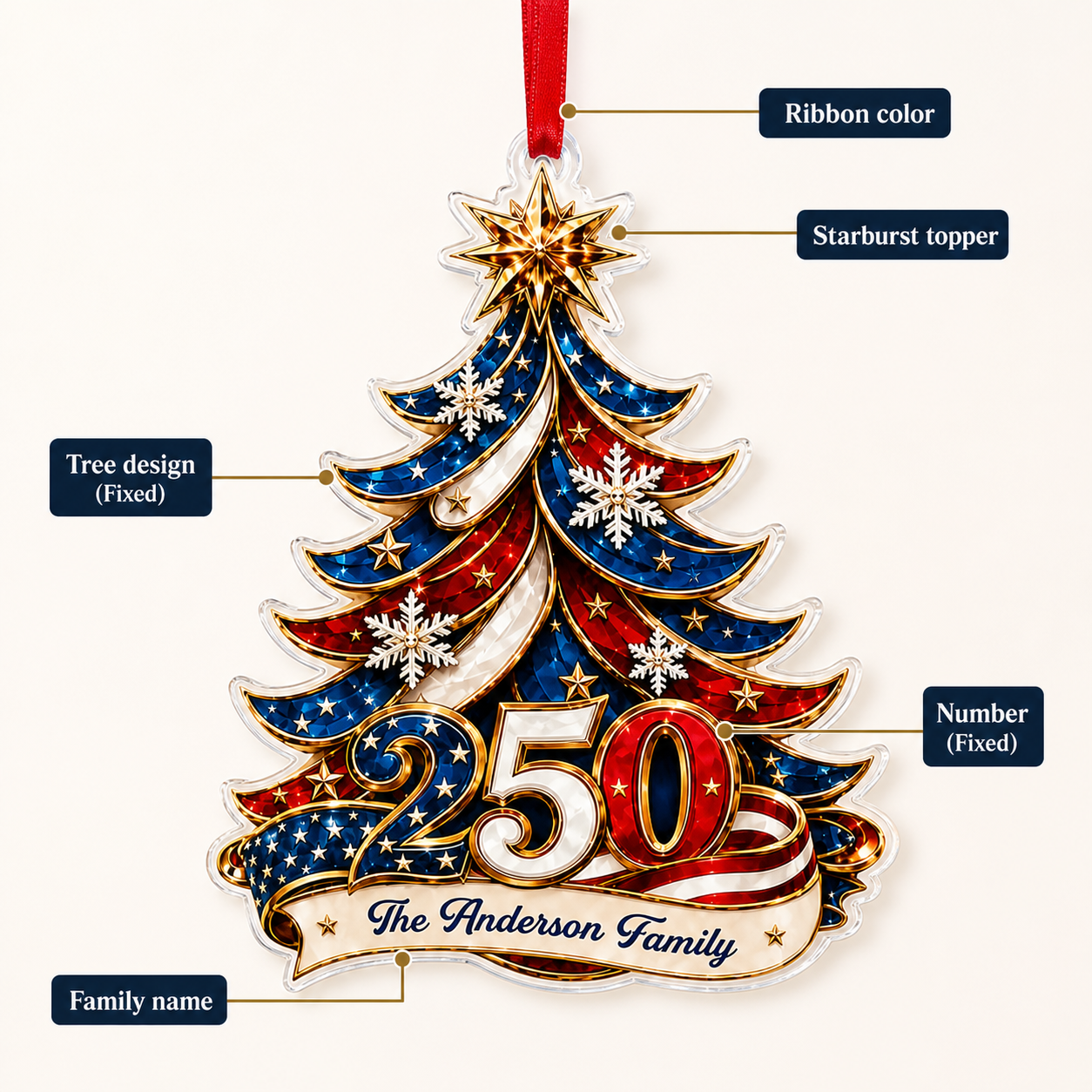 America 250 Patriotic Tree Family Name Acrylic Ornament - personalization guide